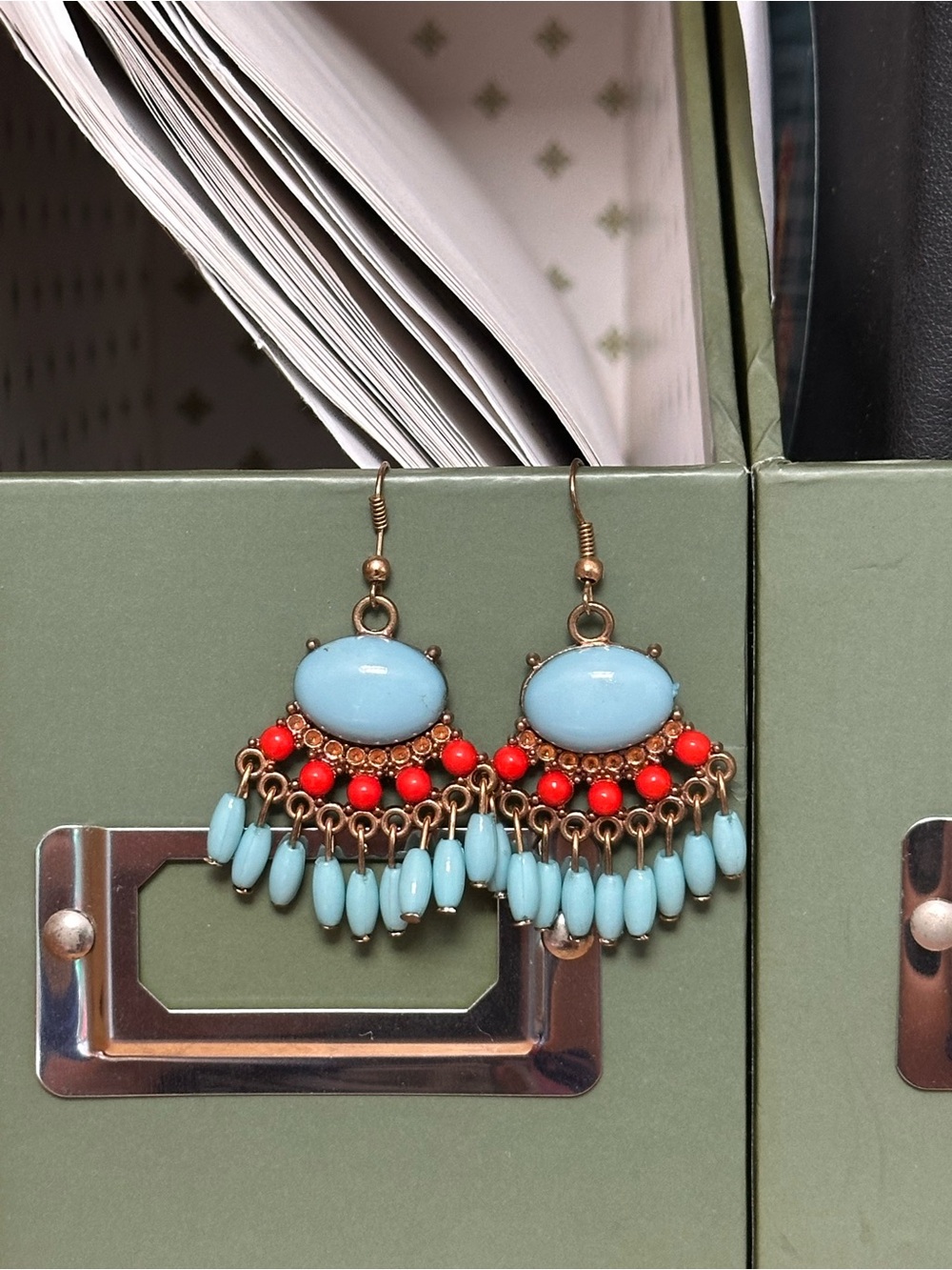 Turquoise and Coral Boho Dangle Earrings
